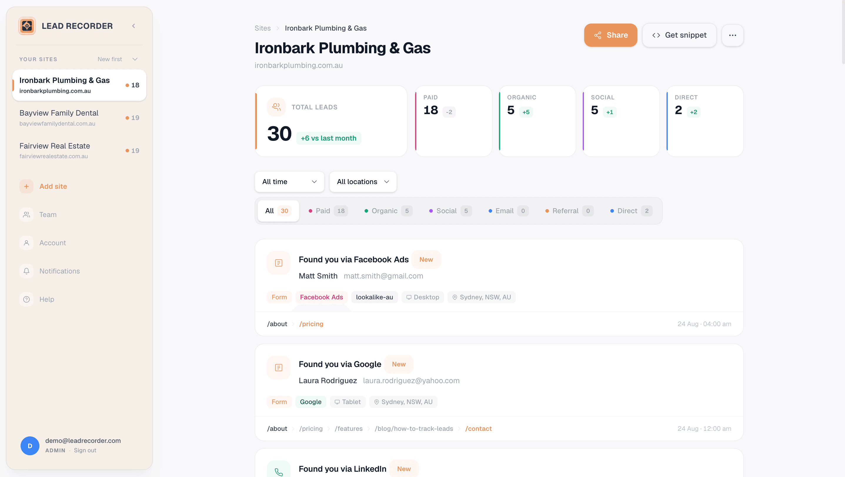 Lead Recorder's actual dashboard, showing a site's lead feed with source attribution for each lead